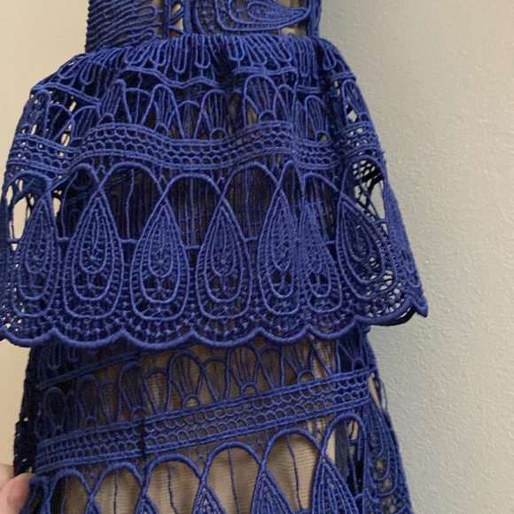 Self-Portrait Teardrop Guipure Paneled Maxi Dress in Navy Blue Structure Size 10 - Picture 9 of 17